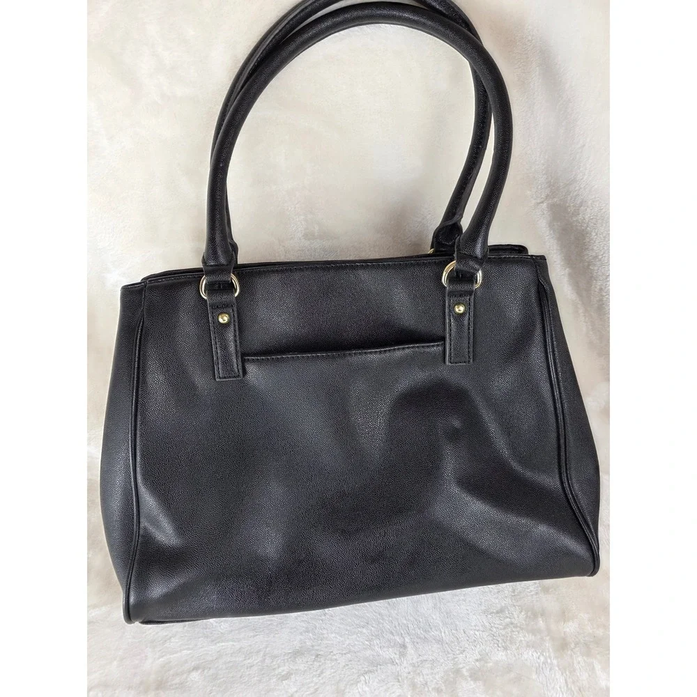 Anne Klein‎ Black Faux Leather Tote Bag Gold Tone Charm Accent